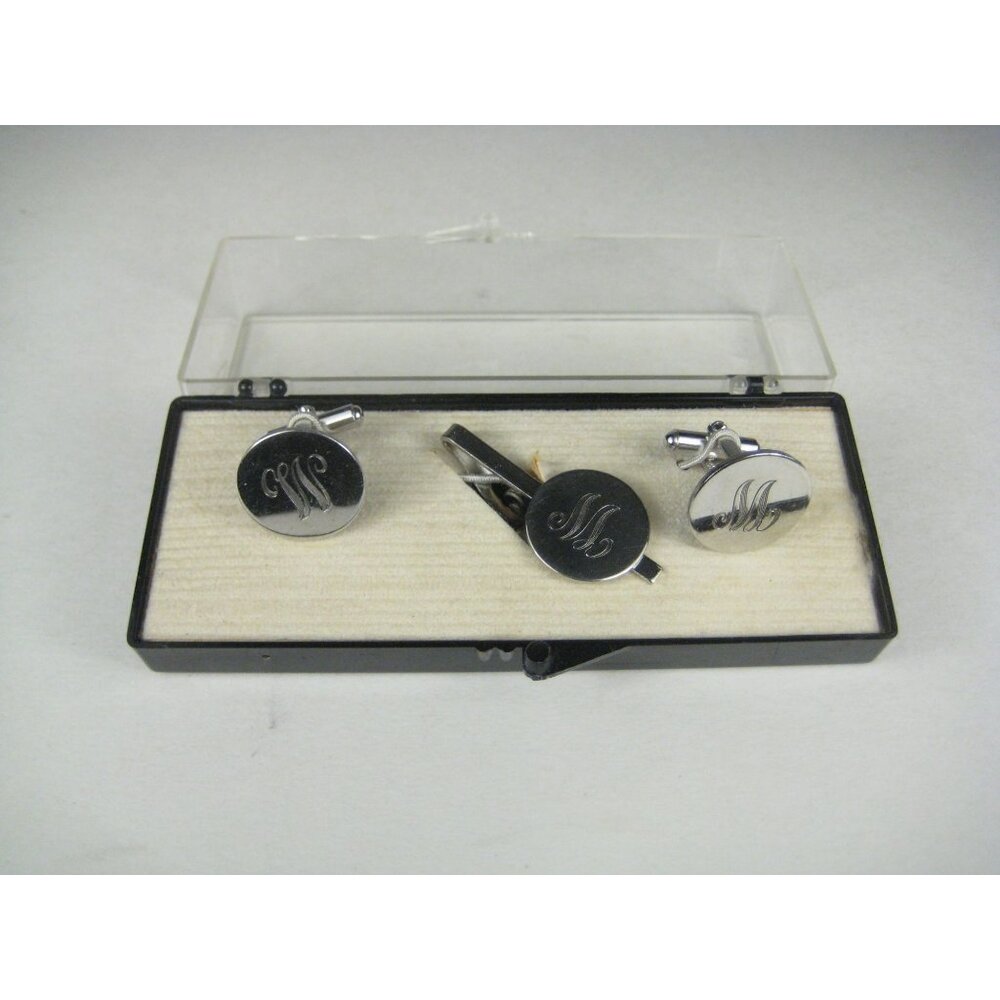 Gentry M Initial Cufflink Set Tie Tack Silvertone Orginal Box Vintage